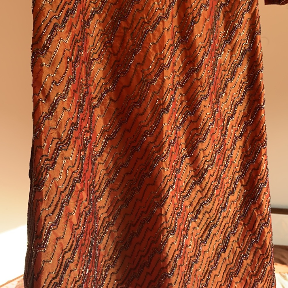 FESTIVE ORANGE A LINE KURTA:knee length with heavy all over zardozi work. - Picture 3 of 13
